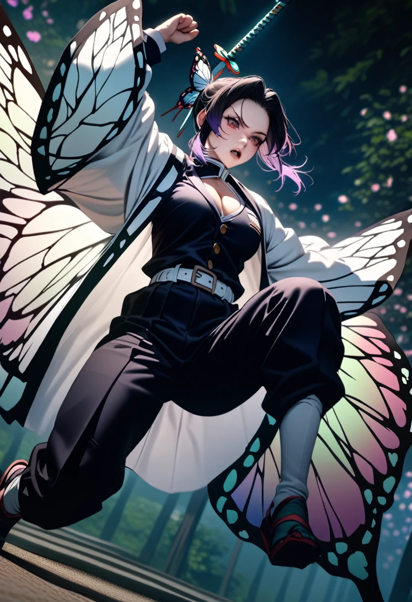 k0ch0ush1n0bu, shinobu kochou, black hair, ((flying many butterfly background:1.5)), butterfly hair ornament, butterfly print, forehead, gradient hair, hair ornament, haori, multicolored hair, parted bangs, purple hair, short hair, two-tone hair,belt, black pants, butterfly print, coat, demon slayer uniform, haori, japanese clothes, pants, uniform,,1  japanese muscular girl,perfect hands,perfect anatomy, masterpiece, best quality,realistic, hyperrealistic, 16k hdr,medium breasts,outdoor,night,japanese old garden,(angry:0.8),red blush,dynamic pose,dynamic angle,(jump,kick,in the air:1.3),(from below,:1.2),(holding japanese sword,butterfly shaped sword guard:1.2) ,(open jacket,cleavage:1.2)