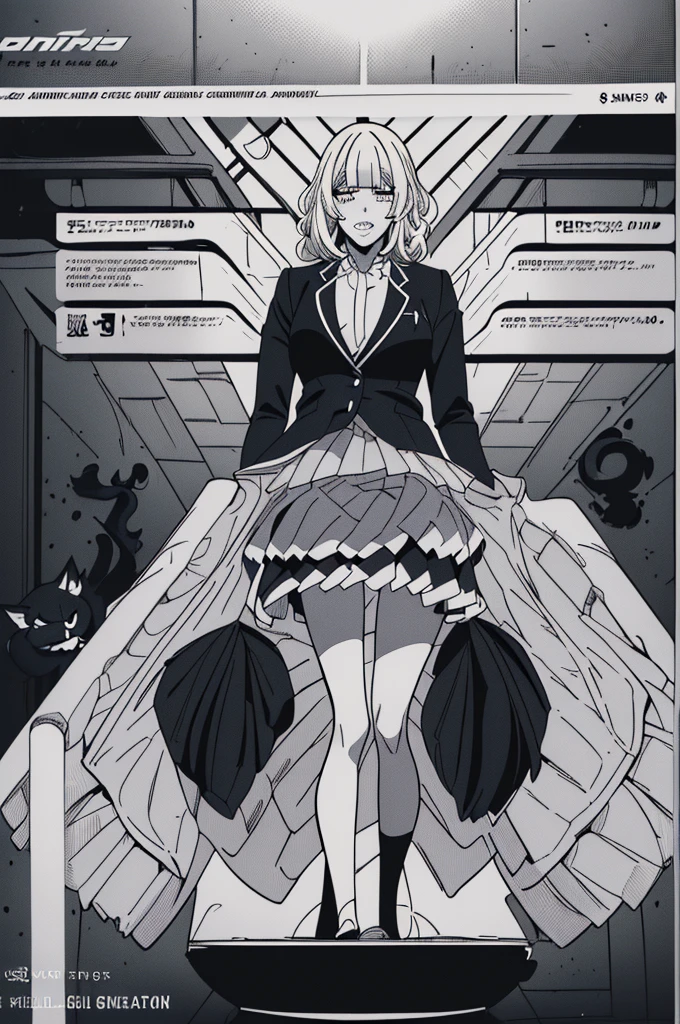 expensiveest quality、masterpiece、((彼女はBlack catと一緒です:1.3))、((1 Girl:1.3))、((Her eyes are single、Her eyes are fished out:1.5))、((Her mouth is big、White teeth stand out:1.5))、((Triangular opening))、(((She has her bangs down:1.8)))、(((Her bangs are straight:1.8)))、((Natural Curl:1.3))、((Curly Hair))、((Loose twin tails next to the ears:1.2))、((Gray Hair))、Detailed face、 (Comic style illustration:1.5), (Line art_anime),(Black and White:1.3),(Monotony_expensive Contrast:1.5),((high school girl)、((expensive 、blazer、shirt、skirt:1.5))、Inside the school_Complex background,(Black cat:1.2).(G-Pen)