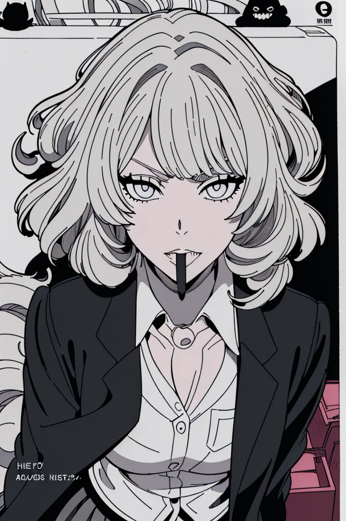 expensiveest quality、masterpiece、((彼女はBlack catと一緒です:1.3))、((1 Girl:1.3))、((Her eyes are single、Her eyes are fished out:1.5))、((Her mouth is big、White teeth stand out:1.5))、((Triangular opening))、(((She has her bangs down:1.8)))、(((Her bangs are straight:1.8)))、((Natural Curl:1.3))、((Curly Hair))、((Loose twin tails next to the ears:1.2))、((Gray Hair))、Detailed face、 (Comic style illustration:1.5), (Line art_anime),(Black and White:1.3),(Monotony_expensive Contrast:1.5),((high school girl)、((expensive 、blazer、shirt、skirt:1.5))、Inside the school_Complex background,(Black cat:1.2).(G-Pen)