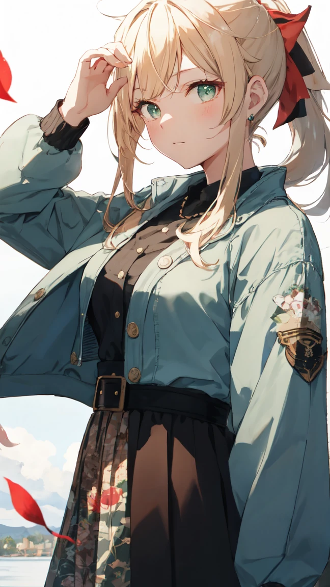 (Dynamic Angle:1.3),Extreme close up,the wind is strong,映画ofハイライト,1人of女of子,Upper Body,dancing,View your viewers, kazama iroha, alone, jewelry, blank eye,brooch, blonde_hair,( vevry long hair:1.2),floating hairlong_sleeve, ribbon, green_eye, Jacket, dress, gem, hair_ribbon,null, depth_of_Field, a close view of flying petal, ponytail