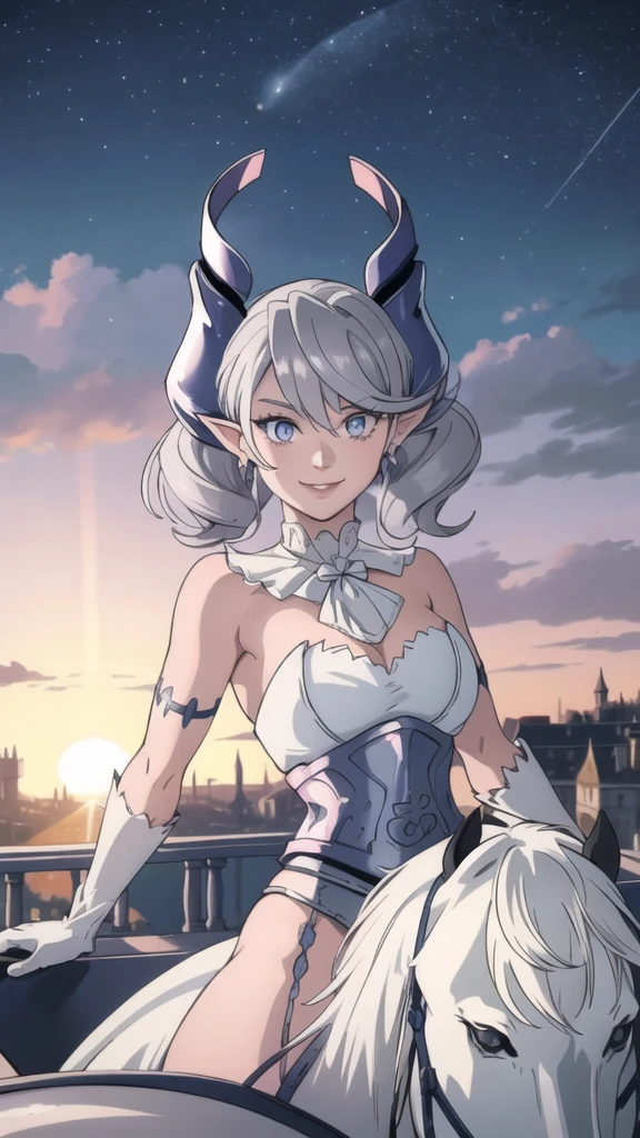 Beautiful arts wallpaper Sunset Outside castle top  High level image quality　best image quality　8K　 adult woman   silver castle outside  more colors   whole body view　portrait　    　horn    ears  　short hair（（shortcut）（gray hair）（perm）（fluffy））　eye color is blue ,  , 　attractive evil face , smile   ,  heroic stance   ,  labrynth ,  barearm  ,gloves   , wearing pink   , riding on horse , 