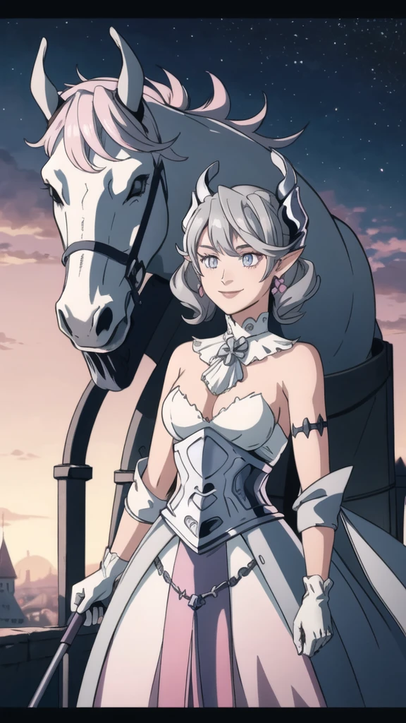 Beautiful arts wallpaper Sunset Outside castle top High level image quality best image quality 8K adult woman silver castle outside more colors whole body view portrait horn ears short hair((shortcut)(gray hair)(perm)(fluffy)) eye color is blue , , attractive evil face , smile , heroic stance , labrynth , barearm ,gloves , wearing pink , riding on horse ,