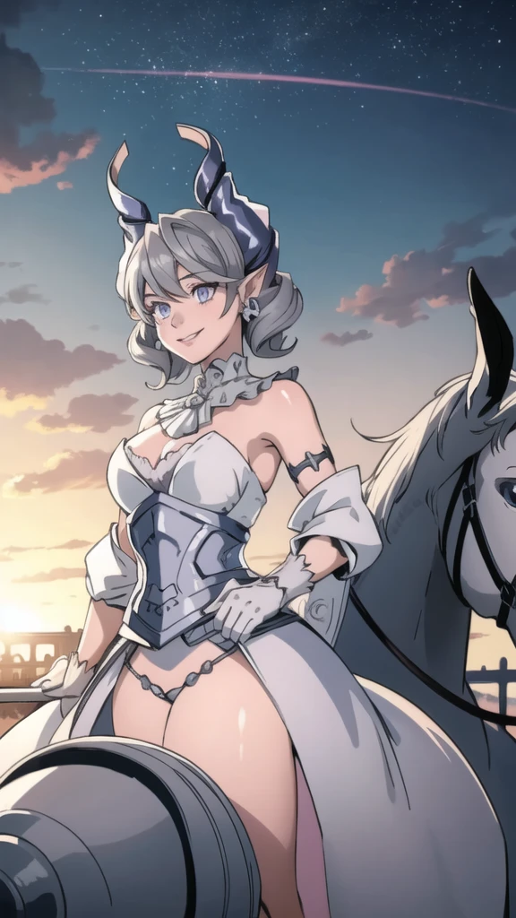 Beautiful arts wallpaper Sunset Outside castle top High level image quality best image quality 8K adult woman silver castle outside more colors whole body view portrait horn ears short hair((shortcut)(gray hair)(perm)(fluffy)) eye color is blue , , attractive evil face , smile , heroic stance , labrynth , barearm ,gloves , wearing pink , riding on horse ,