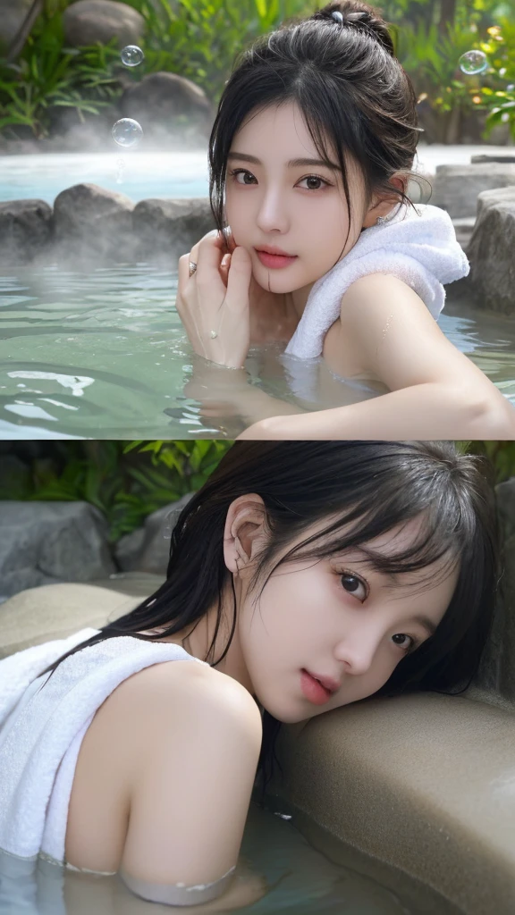 最high quality、high quality、Best image quality、8K、最High resolution、High resolution、最high quality、masterpiece、Detailed and realistic human body、Every detail shows real skin、A face that is real in every detail、Realistic eye for attention to detail、Every detail comes to life、Every detail comes to life、Detailed and realistic ears、Detailed and realistic hair、Detailed and realistic arms、True reproduction of every detail、Fingers that are realistic in every detail、(Hands are very thin、thumb1reference4)、Realistic foot details、((beautiful japanese girl))、(Japanese model), (Japanese woman)、((18 years old beautiful girl))、(black hair)、(Random hairstyle)、(sexy look)、((whole body))、((Beautiful upturned breasts))、(Slim fit、Slim style)、(whole body光沢肌、White skin)、((Wrapped in a short white towel.))、((thin towel(濡れたthin towelを通して彼女の肌が見える))、(濡れたthin towelの上からでも乳首の形がはっきりわかる)、(濡れたthin towelを通して彼女のオマンコの形がはっきり見える)、((濡れたthin towelが彼女の肌に密着して張り付いています))、(Soft natural light)、((In the deep forest(Natural hot spring gushes out))、((hot spring surrounded by rocks))、((Deep bathtub(Deep hot spring))、((spa girl))、((Enter the hot spring))、((A woman warms herself in a hot spring))、((一個女人lie in hot spring放鬆))、((Bubble hot spring))、((腰までBubble hot spring))、((寝転んでBubble hot spring))、((Sleep in a hot spring))、((lie in hot spring))、((肩までBubble hot spring))、((The hot spring water is extremely clear))、((View of subject from water surface))、((Hot spring filled with thick steam))、((A lot of steam rises from the hot spring..))
