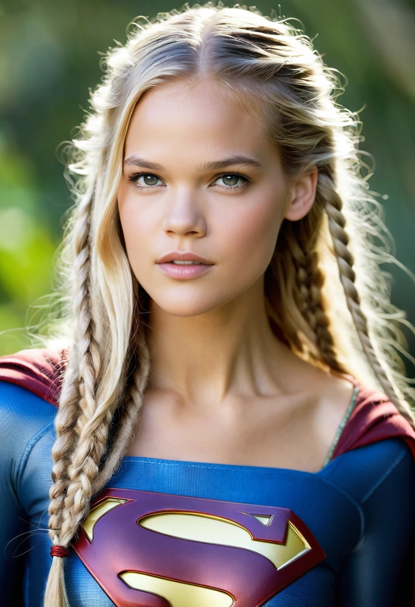 (((Extreme close-up Gabriella Wilde under the mantle of the Kryptonian Kara Zor-aka Supergirl (((Dreadlocks cabello Rubio largo))), Splash color images))),(((blond hair))),(((Abundant hair)))