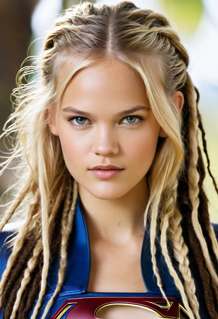 (((Extreme close-up Gabriella Wilde under the mantle of the Kryptonian Kara Zor-aka Supergirl (((Dreadlocks cabello Rubio largo))), Splash color images))),(((blond hair))),(((Abundant hair)))