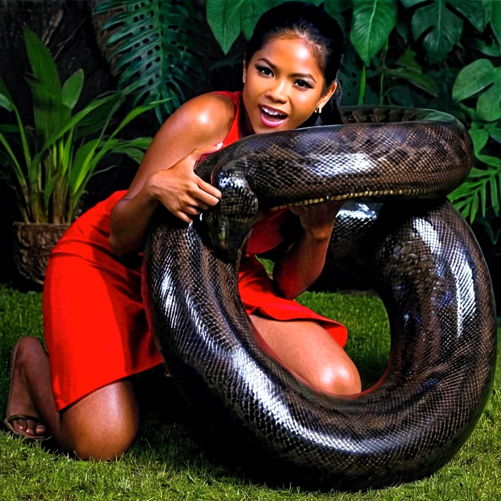  Happy Horny, aroused 1girl), beautiful kneeling Filipino young teen girl  with  giant colossal black titanboa squeezing her hard, wrapped in thick spiraling coils, constricted, struggle, gasping for air, snake attack, snake peril, moonless night, dim light