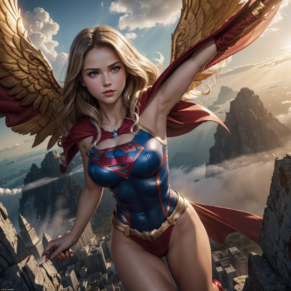 ((Masterpiece)) in the best quality, showcasing an ultra-detailed CG Unity 8K wallpaper, presents a majestic and powerful Supergirl soaring through the clouds. Her bold and confident demeanor is palpable as she flies, her cape fluttering behind her with each powerful beat of her wings. The dramatic lighting casts a warm, golden hue over her powerful aura, making her scarlet super suit and the iconic "S" emblem on her chest stand out.

The scene is set against a breathtaking backdrop of a cityscape and a spectacular cloudscape, complete with billowing smoke and debris. Volumetric light adds depth and realism