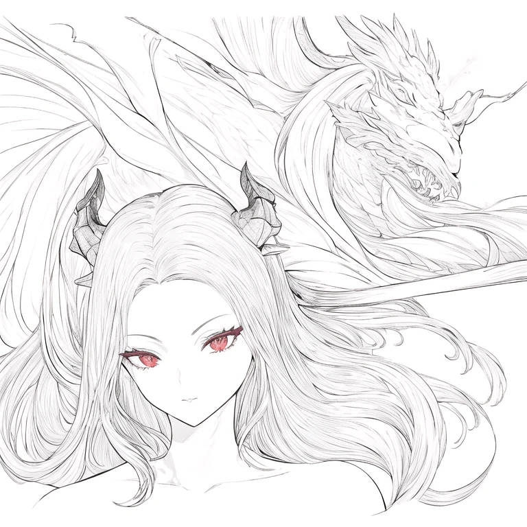 1 girl, 29 years old, long hair, two dragon horns, red hair, red eyes, gradient, red aura, dragon armor, 2d, masterpiece, best quality, anime, highly detailed face, white background, perfect lighting, looking at viewver, portrait, dragonborn,