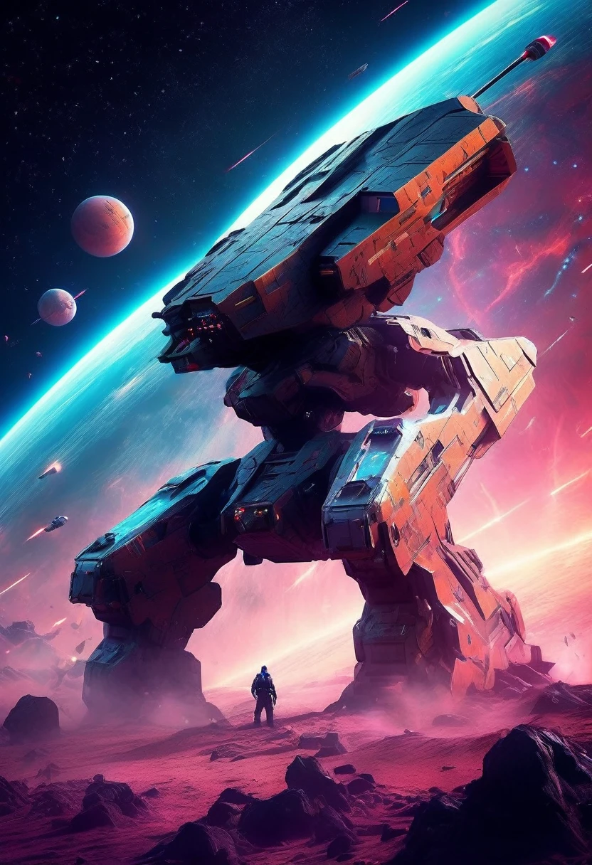 a war-torn futuristic space battlefield, epic intergalactic space war, highly detailed cinematic scene, massive spaceships engaging in battle, intense lighting and dramatic shadows, glowing neon energy weapons, sleek metallic armor and technology, expansive cosmic background with distant stars and nebulae, extreme photorealistic quality, breathtaking scale and scope, cinematic composition and dynamic framing, vibrant and vivid color palette