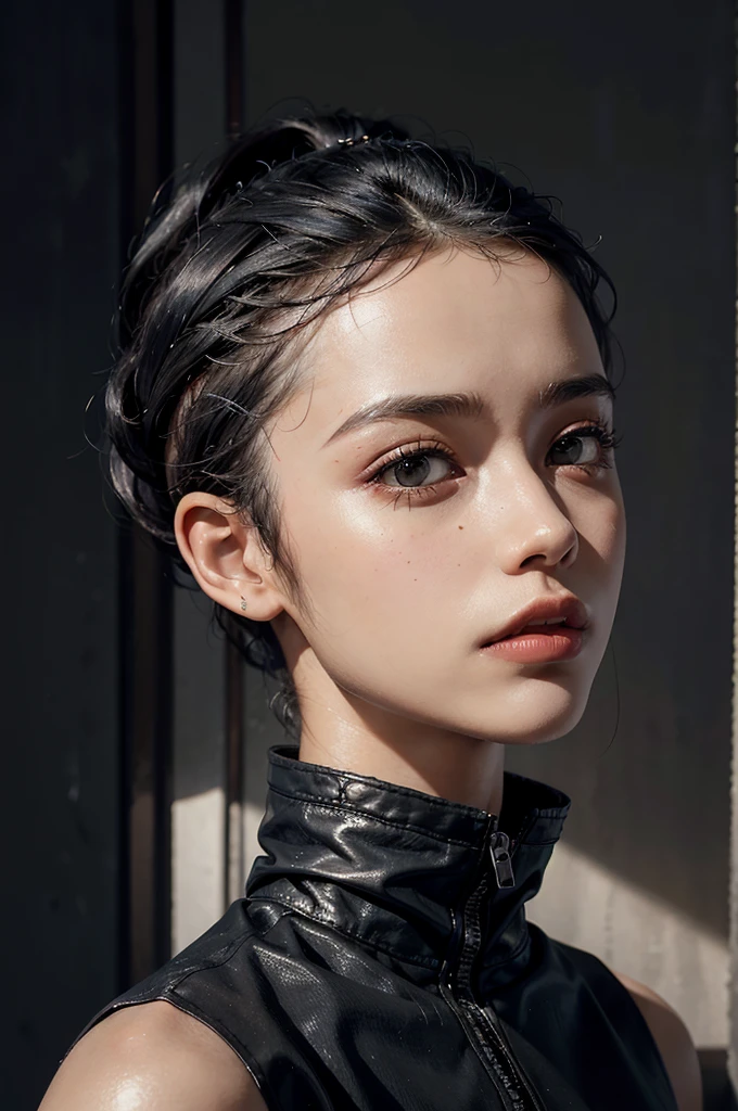 a 30 yo woman,(hi-top fade:1.3),long hair,dark theme, soothing tones, muted colors, high contrast, (natural skin texture, hyperrealism, soft light, sharp),