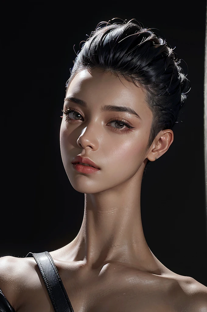 a 30 yo woman,(hi-top fade:1.3),long hair,dark theme, soothing tones, muted colors, high contrast, (natural skin texture, hyperrealism, soft light, sharp),