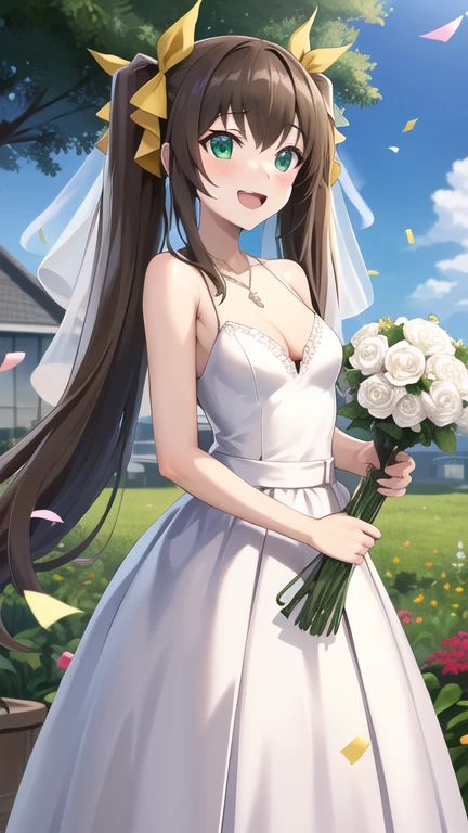 masterpiece, best quality, highres, aahuang, long hair, twintails, hair ribbon, small breasts, wedding dress, cleavage, necklace, white dress, garden, standing, holding bouquet, open mouth, smile, confetti,