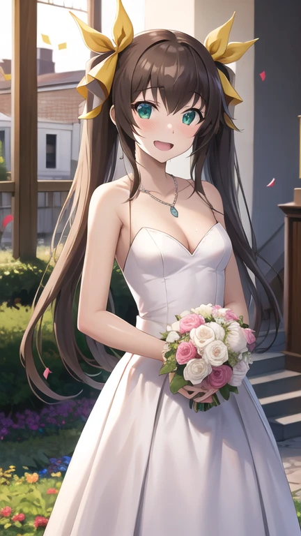 masterpiece, best quality, highres, aahuang, long hair, twintails, hair ribbon, small breasts, wedding dress, cleavage, necklace, white dress, garden, standing, holding bouquet, open mouth, smile, confetti,