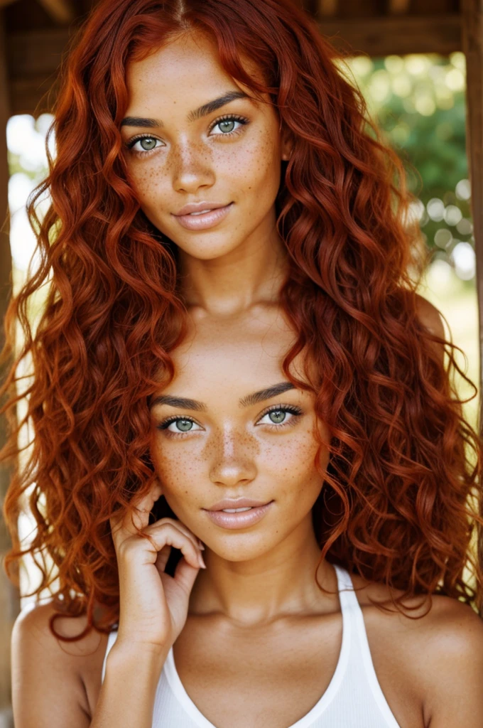 woman curly red hair green eyes tanned skin with freckles 