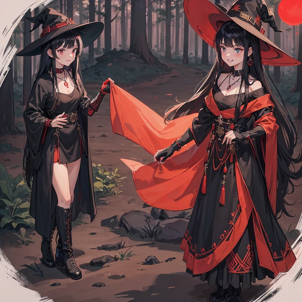 a group of beautiful witch girls in the middle of a forest in the night, tribal tattoo , red and black hair , standing girl young girl, gloves, elbow pads, boots, smiles, witch hat , small breasts, long black dress, necklaces, jewelry decorations , black red hair , red hair , black hair , blonde hair, blue eyes, full body,