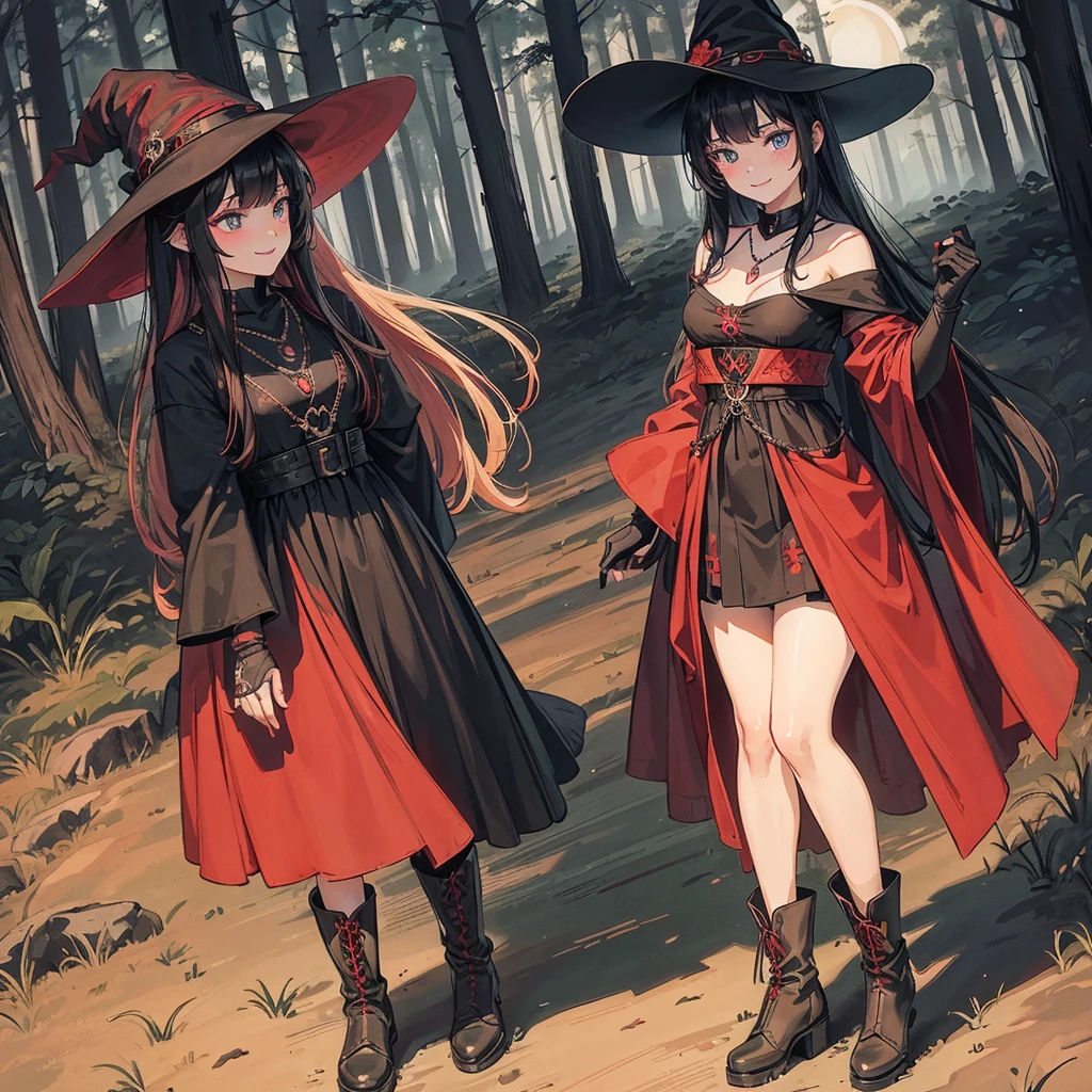 a group of beautiful witch girls in the middle of a forest in the night, tribal tattoo , red and black hair , standing girl young girl, gloves, elbow pads, boots, smiles, witch hat , small breasts, long black dress, necklaces, jewelry decorations , black red hair , red hair , black hair , blonde hair, blue eyes, full body,