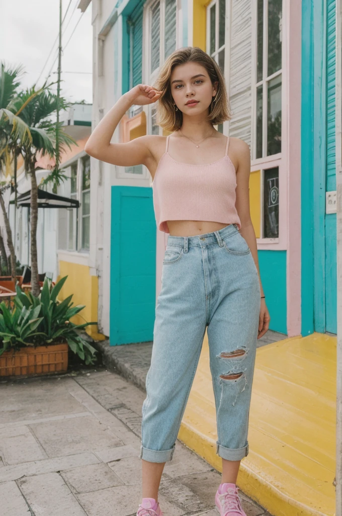 her name is Annie, high quality, 1girl, ((20-year-old fit Caucasian woman)), ((20 years old)), ((fit)), ((Wolf Cut hair)), pose: standing, wearing pastel colored unique g gen Z modern wear, BACKGROUND: From the colorful neighborhoods of Rio de Janeiro, with its iconic beaches, lush rainforests, and vibrant Carnival celebrations