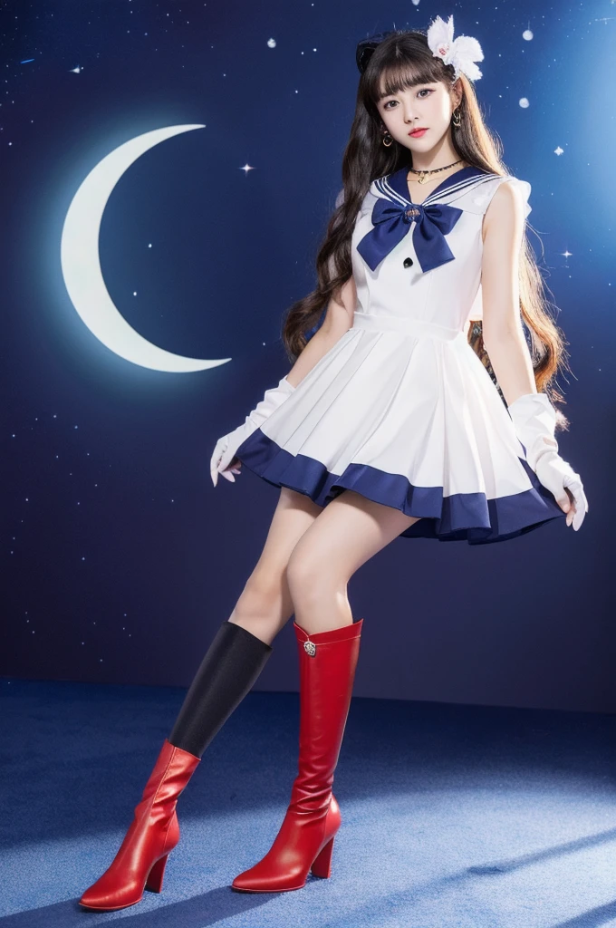 masterpiece, Highest quality, (1 Girl), Super Sailor Moon, Cowboy Lens, night sky, moonlight, night, White gloves, blue eyes, Galaxy Background, Colorful clothes, , Blue Skirt, hair ornaments, Red Bow, brooch, heart brooch, Earrings, Crescent Moon, heart necklace, heart, Very long hair, Crescent Moon moon Earrings, tiara, Yellow Necklace, boots, knee boots, Red Shoes, Long legs