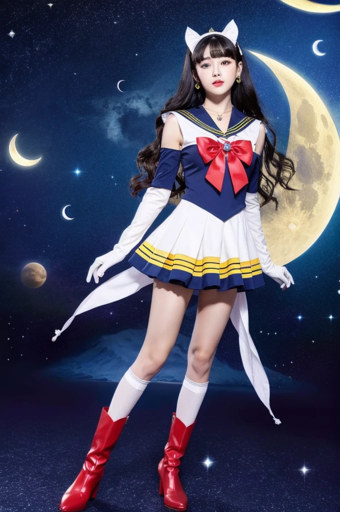 masterpiece, Highest quality, (1 Girl), Super Sailor Moon, Cowboy Lens, night sky, moonlight, night, White gloves, blue eyes, Galaxy Background, Colorful clothes, , Blue Skirt, hair ornaments, Red Bow, brooch, heart brooch, Earrings, Crescent Moon, heart necklace, heart, Very long hair, Crescent Moon moon Earrings, tiara, Yellow Necklace, boots, knee boots, Red Shoes, Long legs