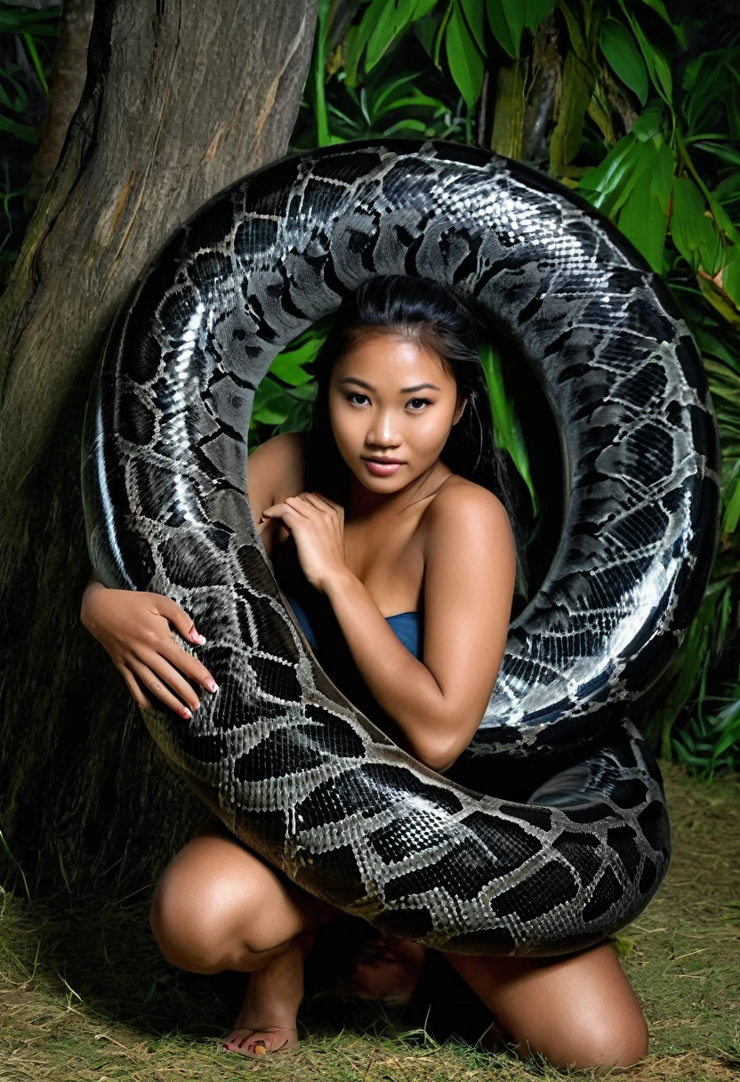  Happy Horny, aroused 1girl), beautiful kneeling Filipino  young teen girl with  giant colossal black titanboa squeezing her hard, wrapped in thick spiraling coils, constricted, struggle, gasping for air, snake attack, snake peril, moonless night, dim light