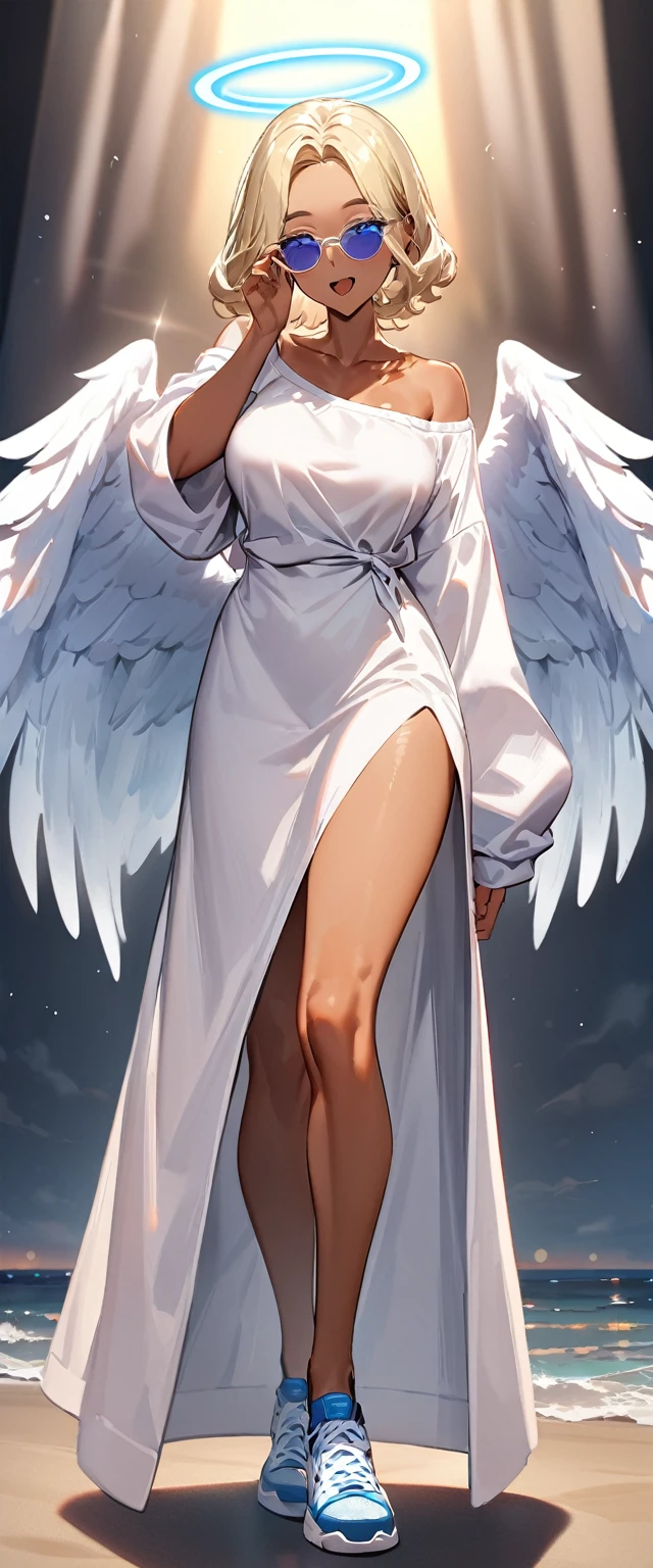 (((One girl))), full body, ((tanned skin)), ((sunglasses, hand to sunglasses)), ((angel, big big white wings:1.2, halo:1.3)), open mouth, ((stick out tongue)), ((wavy hair)), evening, Sunset, sea, beach, ((blond hair, bob cut:1.3)), big breasts, teenager, (looking at viewer), oversized clothes, puffy long sleeves, collarbone, ((off-shoulder sweater dress:1.3, Quite thick shoulder straps)), (((sleeves past wrists:1.3))), ((white sweater)), collarbone, head tilt:1.3, (((blue eye))), ((happy smile)), (((anime style))), (best quality, 4K, 8K, highres, masterpiece:1.2, ultra-detailed, ultra-detailed eyes, HDR, uhd, studio lighting, ultra-fine painting, sharp focus, physically-based rendering, extreme detail description, professional, vivid colors, bokeh), ((Highest quality, Best image quality, Ultra-high resolution, Ultra-high resolution, solo, Strong eye highlights)), Depth of written boundary, Natural soft light, attractive, Beautiful Face, Cleanliness, Pure Face, medium chest, Beautiful Face, Perfect Fingers, Perfect hands, Perfect body, Perfect Face, Shine a light into your eyes, Perfect Anatomy