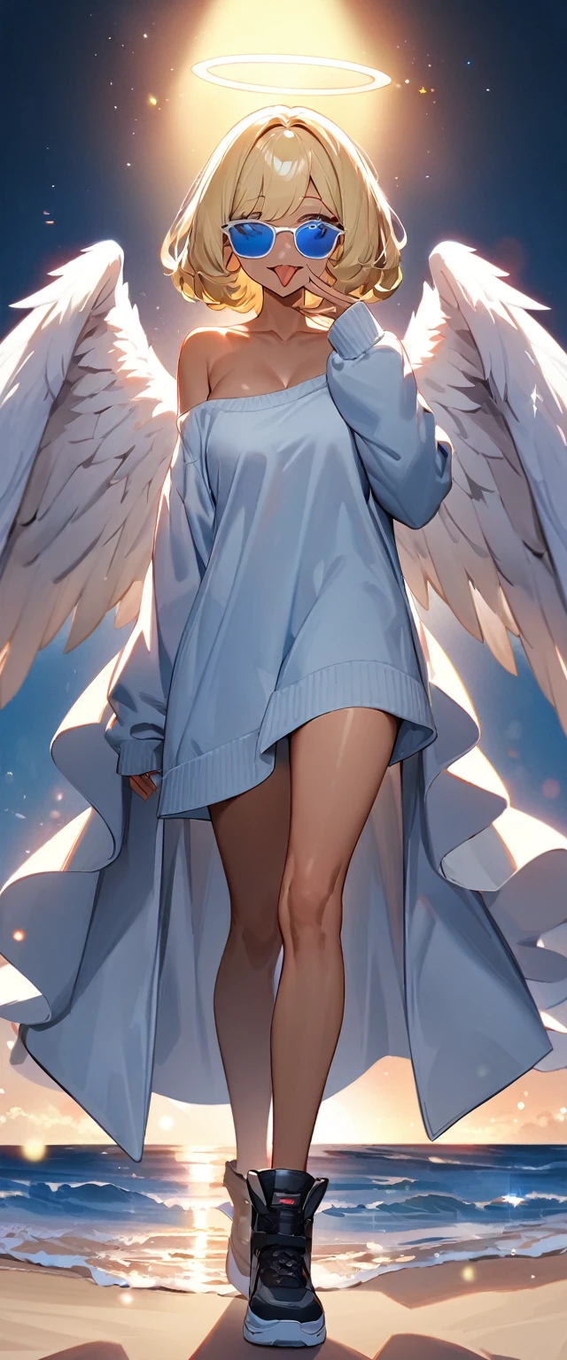 (((One girl))), full body, ((tanned skin)), ((sunglasses, hand to sunglasses)), ((angel, big big white wings:1.2, halo:1.3)), open mouth, ((stick out tongue)), ((wavy hair)), evening, Sunset, sea, beach, ((blond hair, bob cut:1.3)), big breasts, teenager, (looking at viewer), oversized clothes, puffy long sleeves, collarbone, ((off-shoulder sweater dress:1.3, Quite thick shoulder straps)), (((sleeves past wrists:1.3))), ((white sweater)), collarbone, head tilt:1.3, (((blue eye))), ((happy smile)), (((anime style))), (best quality, 4K, 8K, highres, masterpiece:1.2, ultra-detailed, ultra-detailed eyes, HDR, uhd, studio lighting, ultra-fine painting, sharp focus, physically-based rendering, extreme detail description, professional, vivid colors, bokeh), ((Highest quality, Best image quality, Ultra-high resolution, Ultra-high resolution, solo, Strong eye highlights)), Depth of written boundary, Natural soft light, attractive, Beautiful Face, Cleanliness, Pure Face, medium chest, Beautiful Face, Perfect Fingers, Perfect hands, Perfect body, Perfect Face, Shine a light into your eyes, Perfect Anatomy
