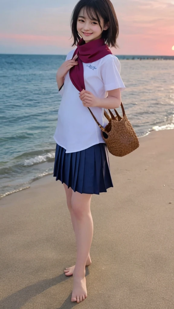 ((masterpiece:1.27、Every detail counts))、At the beach dyed in the sunset、Cute Japanese playing in the water by herself。She has straight black hair down to her shoulders、The bangs are cut straight above the eyebrows。She is wearing a traditional Japanese uniform.、The uniform is a sailor top with a white collar and navy blue lines.、And she is wearing a navy blue pleated skirt.。A red scarf is tied neatly around the chest of the top.。
Facial details:
Her face is small and round、Skin is brighter and smoother。The large almond-shaped eyes are deep brown.、Long, dark eyelashes are distinctive。Your eyes sparkle、It expresses excitement and joy。Her eyebrows are thin and neat.、It has a slightly arched shape。The nose is small and cute、The bridge of the nose runs through it。Her mouth is small、Her plump lips have a natural pink color.、When you smile, adorable dimples appear.。ears are small、It's almost hidden under the hair.。Overall、Her face is so lovely、Creates a friendly impression。
She rolled up the sleeves of her uniform to her elbows、The hem of my skirt is also a little wet.。Walk barefoot on the sandy beach、I smile every time a wave hits my feet.。Her feet are white and small、There's fine sand on my toes。She was happily splashing around on the shoreline.、Occasionally, they scoop up seawater with their hands and throw it back into the waves.。Every time the water touches your feet it splashes a little.、They seem to be having fun.。
The blue sea and white sandy beach spread out in the background.、And the beautiful orange sky at sunset is depicted.。A small island in the distance々I can see、Seagulls are flying around。The shore is littered with small shells and driftwood.、The atmosphere is such that you can almost hear the sound of the waves.。Behind her、There was a school bag carelessly placed on the beach.、Next to it are carefully arranged shoes and socks.。The color of the bag is black、Embroidered school logo。Overall、Relaxing after school and、This is a scene that brings back fond memories of the end of summer.。