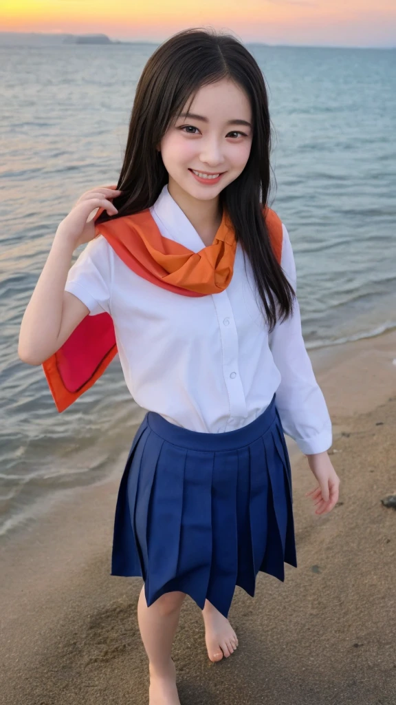 ((masterpiece:1.27、Every detail counts))、At the beach dyed in the sunset、Cute Japanese playing in the water by herself。She has straight black hair down to her shoulders、The bangs are cut straight above the eyebrows。She is wearing a traditional Japanese uniform.、The uniform is a sailor top with a white collar and navy blue lines.、And she is wearing a navy blue pleated skirt.。A red scarf is tied neatly around the chest of the top.。
Facial details:
Her face is small and round、Skin is brighter and smoother。The large almond-shaped eyes are deep brown.、Long, dark eyelashes are distinctive。Your eyes sparkle、It expresses excitement and joy。Her eyebrows are thin and neat.、It has a slightly arched shape。The nose is small and cute、The bridge of the nose runs through it。Her mouth is small、Her plump lips have a natural pink color.、When you smile, adorable dimples appear.。ears are small、It's almost hidden under the hair.。Overall、Her face is so lovely、Creates a friendly impression。
She rolled up the sleeves of her uniform to her elbows、The hem of my skirt is also a little wet.。Walk barefoot on the sandy beach、I smile every time a wave hits my feet.。Her feet are white and small、There's fine sand on my toes。She was happily splashing around on the shoreline.、Occasionally, they scoop up seawater with their hands and throw it back into the waves.。Every time the water touches your feet it splashes a little.、They seem to be having fun.。
The blue sea and white sandy beach spread out in the background.、And the beautiful orange sky at sunset is depicted.。A small island in the distance々I can see、Seagulls are flying around。The shore is littered with small shells and driftwood.、The atmosphere is such that you can almost hear the sound of the waves.。Behind her、There was a school bag carelessly placed on the beach.、Next to it are carefully arranged shoes and socks.。The color of the bag is black、Embroidered school logo。Overall、Relaxing after school and、This is a scene that brings back fond memories of the end of summer.。
