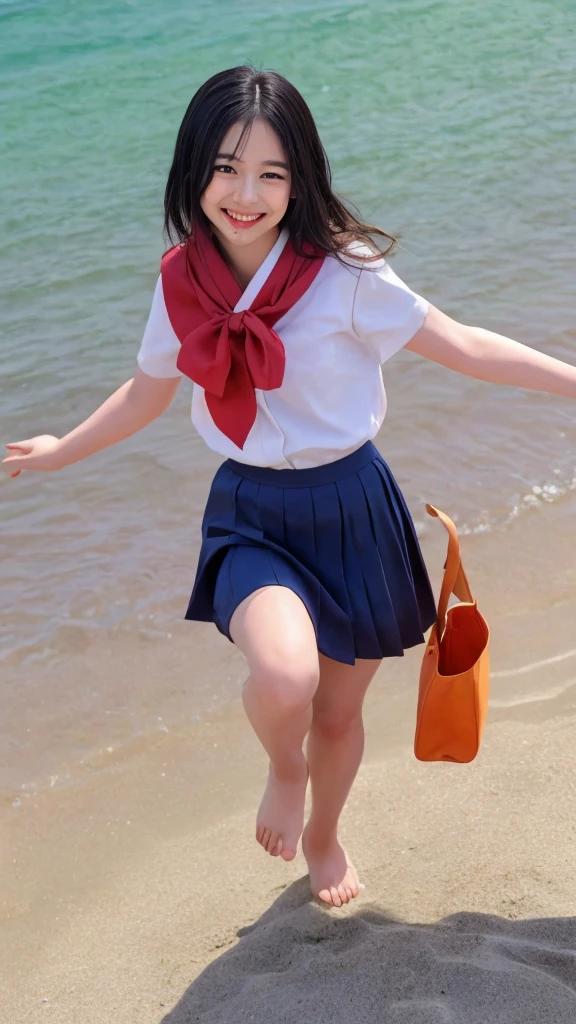 ((masterpiece:1.27、Every detail counts))、At the beach dyed in the sunset、Cute Japanese playing in the water by herself。She has straight black hair down to her shoulders、The bangs are cut straight above the eyebrows。She is wearing a traditional Japanese uniform.、The uniform is a sailor top with a white collar and navy blue lines.、And she is wearing a navy blue pleated skirt.。A red scarf is tied neatly around the chest of the top.。
Facial details:
Her face is small and round、Skin is brighter and smoother。The large almond-shaped eyes are deep brown.、Long, dark eyelashes are distinctive。Your eyes sparkle、It expresses excitement and joy。Her eyebrows are thin and neat.、It has a slightly arched shape。The nose is small and cute、The bridge of the nose runs through it。Her mouth is small、Her plump lips have a natural pink color.、When you smile, adorable dimples appear.。ears are small、It's almost hidden under the hair.。Overall、Her face is so lovely、Creates a friendly impression。
She rolled up the sleeves of her uniform to her elbows、The hem of my skirt is also a little wet.。Walk barefoot on the sandy beach、I smile every time a wave hits my feet.。Her feet are white and small、There's fine sand on my toes。She was happily splashing around on the shoreline.、Occasionally, they scoop up seawater with their hands and throw it back into the waves.。Every time the water touches your feet it splashes a little.、They seem to be having fun.。
The blue sea and white sandy beach spread out in the background.、And the beautiful orange sky at sunset is depicted.。A small island in the distance々I can see、Seagulls are flying around。The shore is littered with small shells and driftwood.、The atmosphere is such that you can almost hear the sound of the waves.。Behind her、There was a school bag carelessly placed on the beach.、Next to it are carefully arranged shoes and socks.。The color of the bag is black、Embroidered school logo。Overall、Relaxing after school and、This is a scene that brings back fond memories of the end of summer.。