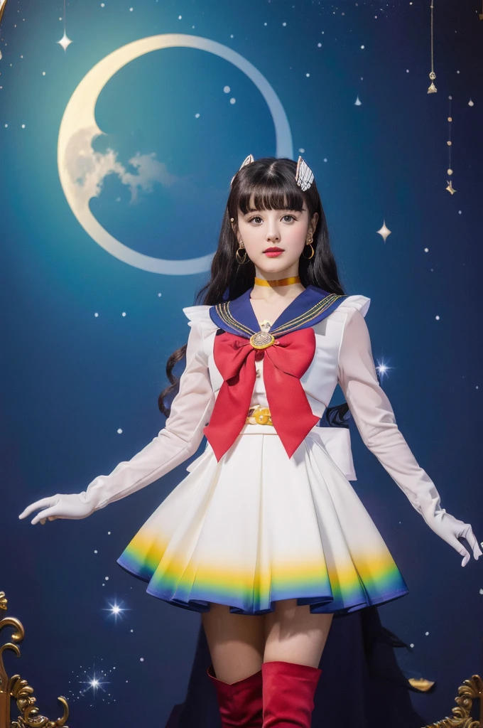 masterpiece, Highest quality, (1 Girl), Super Sailor Moon, Cowboy Lens, night sky, moonlight, night, White gloves, blue eyes, Galaxy Background, Colorful clothes, , Blue Skirt, hair ornaments, Red Bow, brooch, heart brooch, Earrings, Crescent Moon, heart necklace, heart, Very long hair, Crescent Moon moon Earrings, tiara, Yellow Necklace, boots, knee boots, Red Shoes, Long legs
