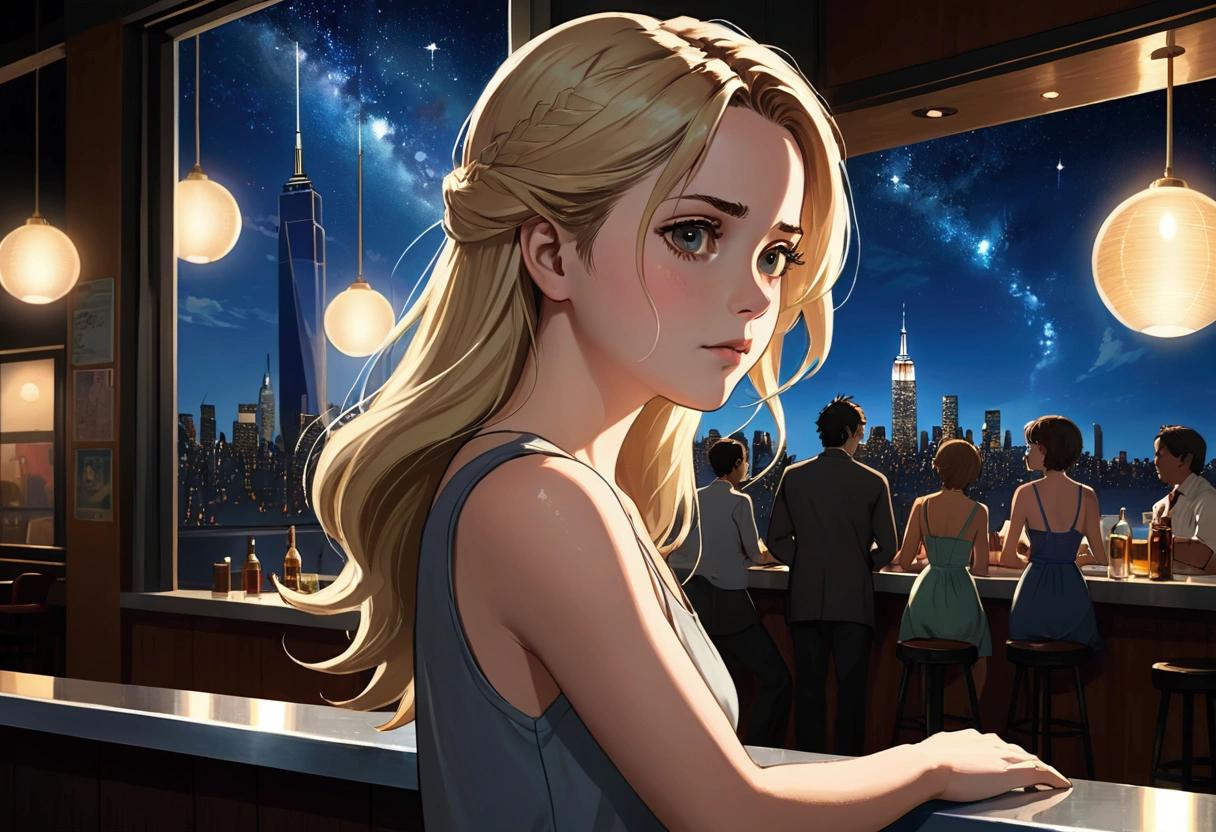 Uses Makoto Shinkai'The depiction is perfect,Alicia Silverstone portrait,8k 4k masterpiece photo ,new york,Glass ceiling jazz bar,I can see the twinkling stars through the glass window.,that'Outside in the dark night,Jazz is playing,Profile close-up,Beautiful profile,Calm expression,Semi-long hair,Blonde,Look in a different direction,Standing alone at the counter,Grey tank top dress,Bust is larger