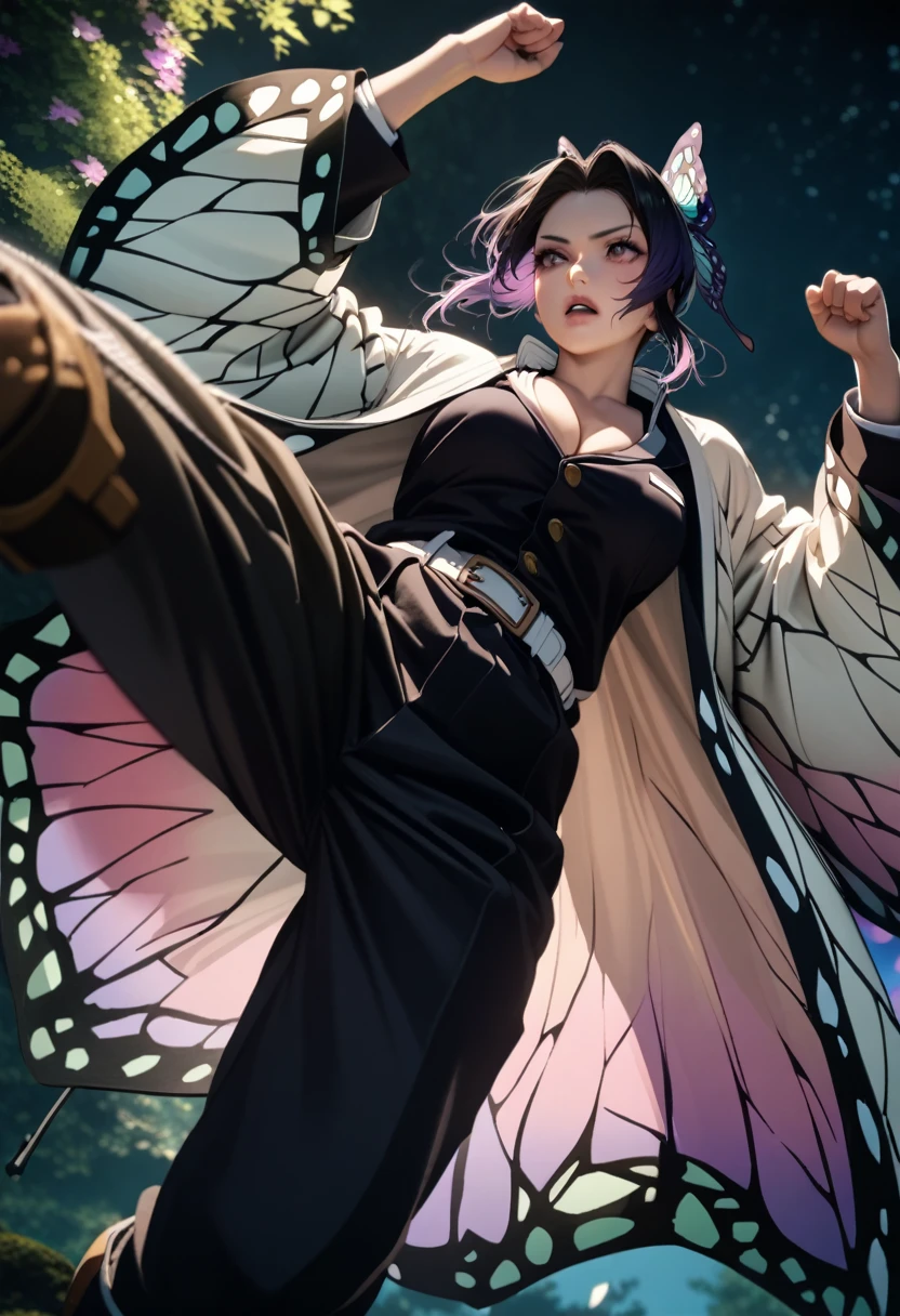 k0ch0ush1n0bu, shinobu kochou, black hair, ((flying many butterfly background:1.5)), butterfly hair ornament, butterfly print, forehead, gradient hair, hair ornament, haori, multicolored hair, parted bangs, purple hair, short hair, two-tone hair,belt, black pants, butterfly print, coat, demon slayer uniform, haori, japanese clothes, pants, uniform,,1  japanese muscular girl,perfect hands,perfect anatomy, masterpiece, best quality,realistic, hyperrealistic, 16k hdr,medium breasts,outdoor,night,japanese old garden,(angry:0.8),red blush,dynamic pose,dynamic angle,(jump,kick,in the air:1.3),(from below,:1.2),(holding japanese sword,butterfly shaped sword guard:1.2) ,(open jacket to neck,cleavage:1.2)