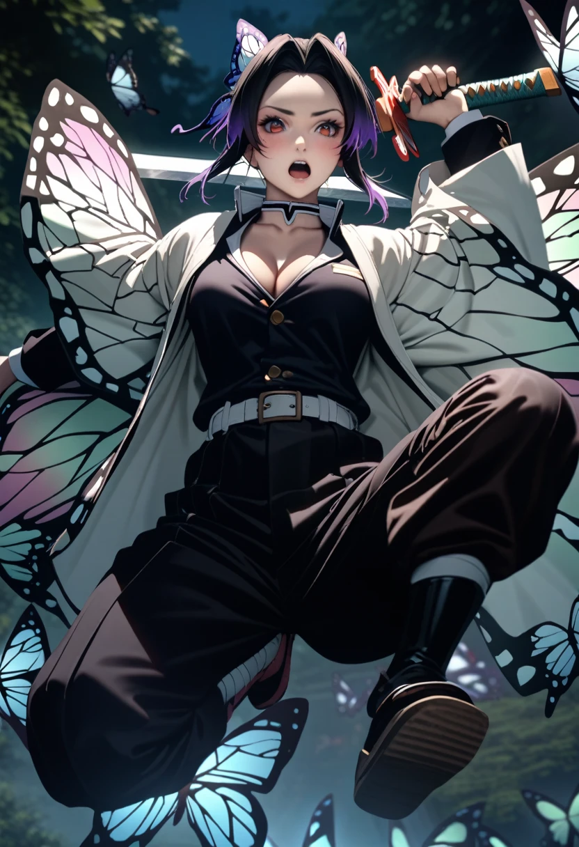 k0ch0ush1n0bu, shinobu kochou, black hair, ((flying many butterfly background:1.5)), butterfly hair ornament, butterfly print, forehead, gradient hair, hair ornament, haori, multicolored hair, parted bangs, purple hair, short hair, two-tone hair,belt, black pants, butterfly print, coat, demon slayer uniform, haori, japanese clothes, pants, uniform,,1  japanese muscular girl,perfect hands,perfect anatomy, masterpiece, best quality,realistic, hyperrealistic, 16k hdr,medium breasts,outdoor,night,japanese old garden,(angry:0.8),red blush,dynamic pose,dynamic angle,(jump,kick,in the air:1.3),(from below,:1.2),(holding japanese sword,butterfly shaped sword guard:1.2) ,(open jacket to neck,cleavage:1.2)