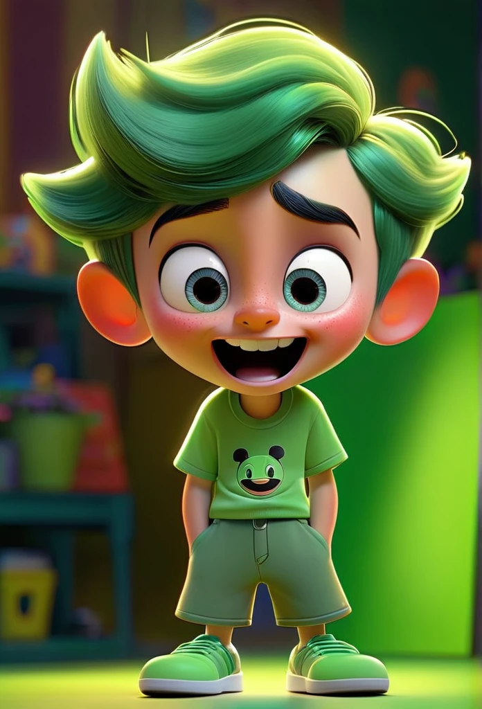 Funnily film character, disney pixar style , 3d, a happy boy playing representing the emotion fun, with short neon green hair, wearing light green fun t-shirt and dark green shorts, greeneyes, smilling face, green skin color , vibrant and colorful background 8k quality Creation