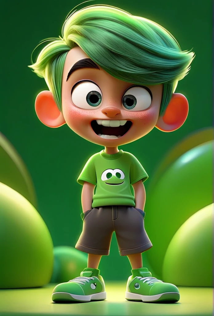 Funnily film character, disney pixar style , 3d, a happy boy playing representing the emotion fun, with short neon green hair, wearing light green fun t-shirt and dark green shorts, greeneyes, smilling face, green skin color , vibrant and colorful background 8k quality Creation