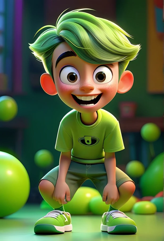 Funnily film character, disney pixar style , 3d, a happy boy playing representing the emotion fun, with short neon green hair, wearing light green fun t-shirt and dark green shorts, greeneyes, smilling face, green skin color , vibrant and colorful background 8k quality Creation