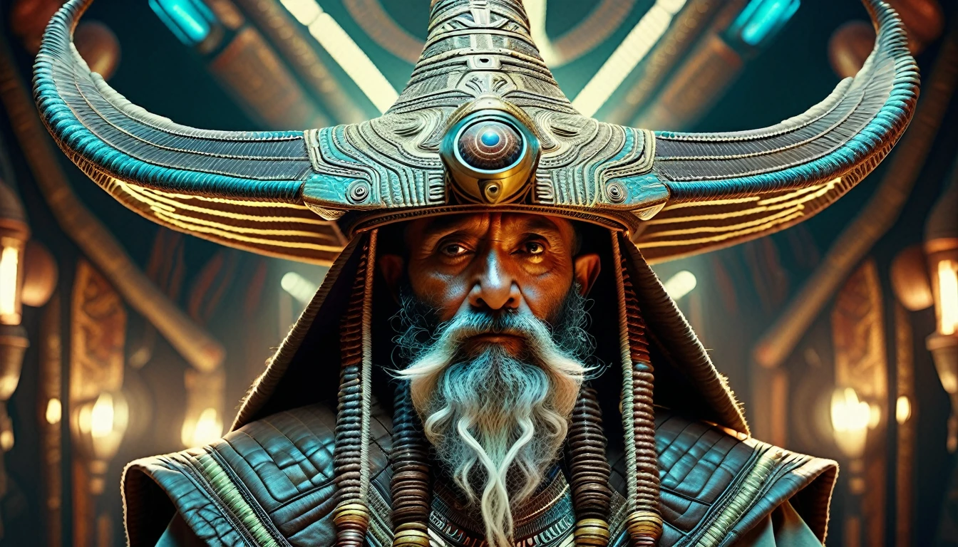 dslr photo of real nTi God of the Suni antropomorphic alien sumerian gods, giant, hyper detailed starship interior, they have long curly beards, wings, a pinecone in the hand, and a long hat with sumerian luminescent writing in the hat, hyper detailed hyperreal hypermaximalist