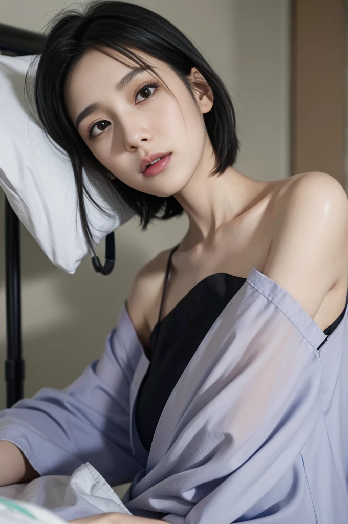 Shoulder-length black short straight hair, wearing a hospital gown, lying slenderly,Thin, on a hospital bed, tears, Close-up of her upper body, background: hospital