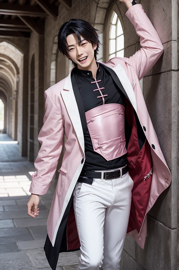 anime character,Cao Cao,stark, pink jacket with a white shirt underneath, with terrible laugh,White pants, red eyes and black hair,in a castle 