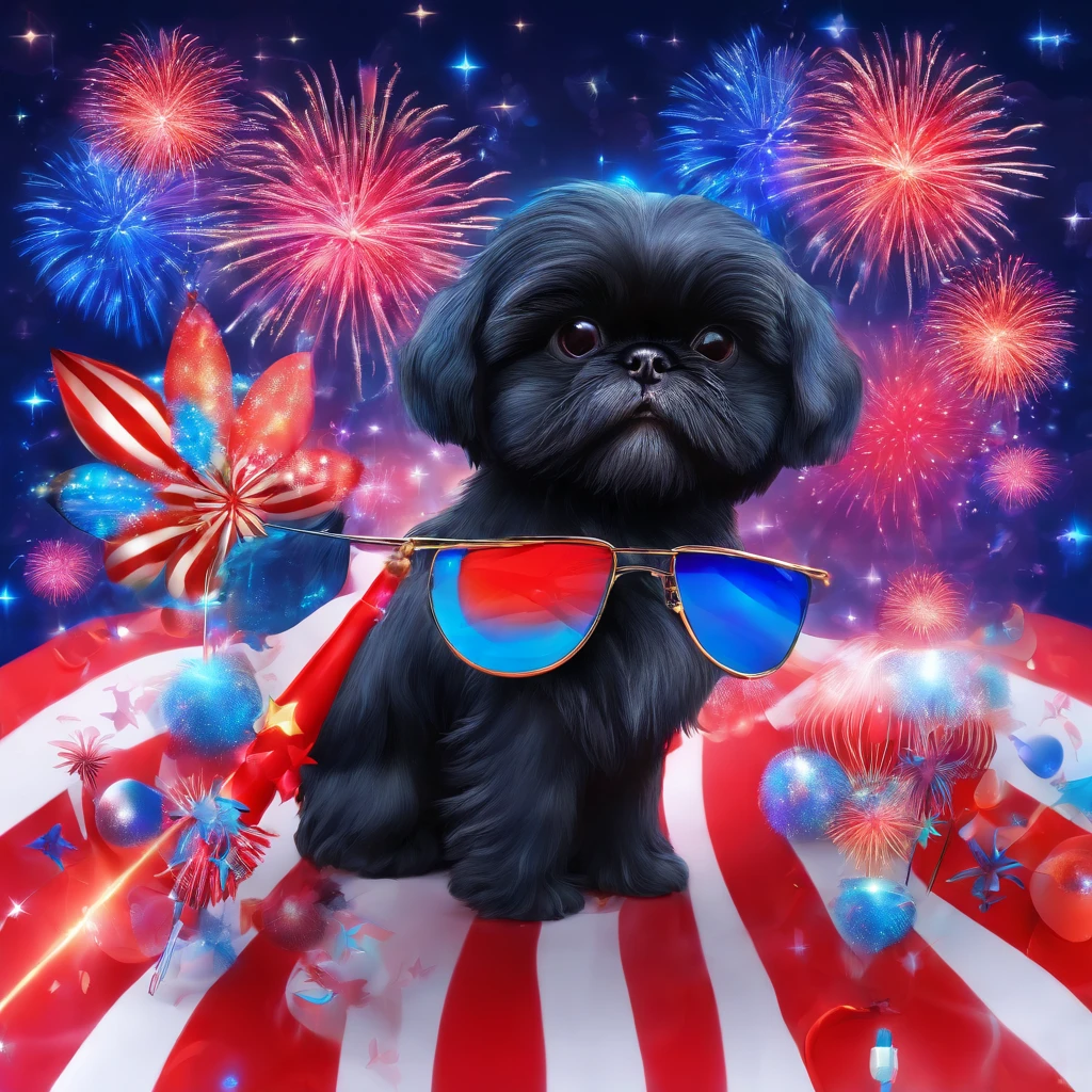 2 Adorable small black Shih Tzu puppies wearing blue sunglasses red white and blue fireworks background Pixar 3D cartoon