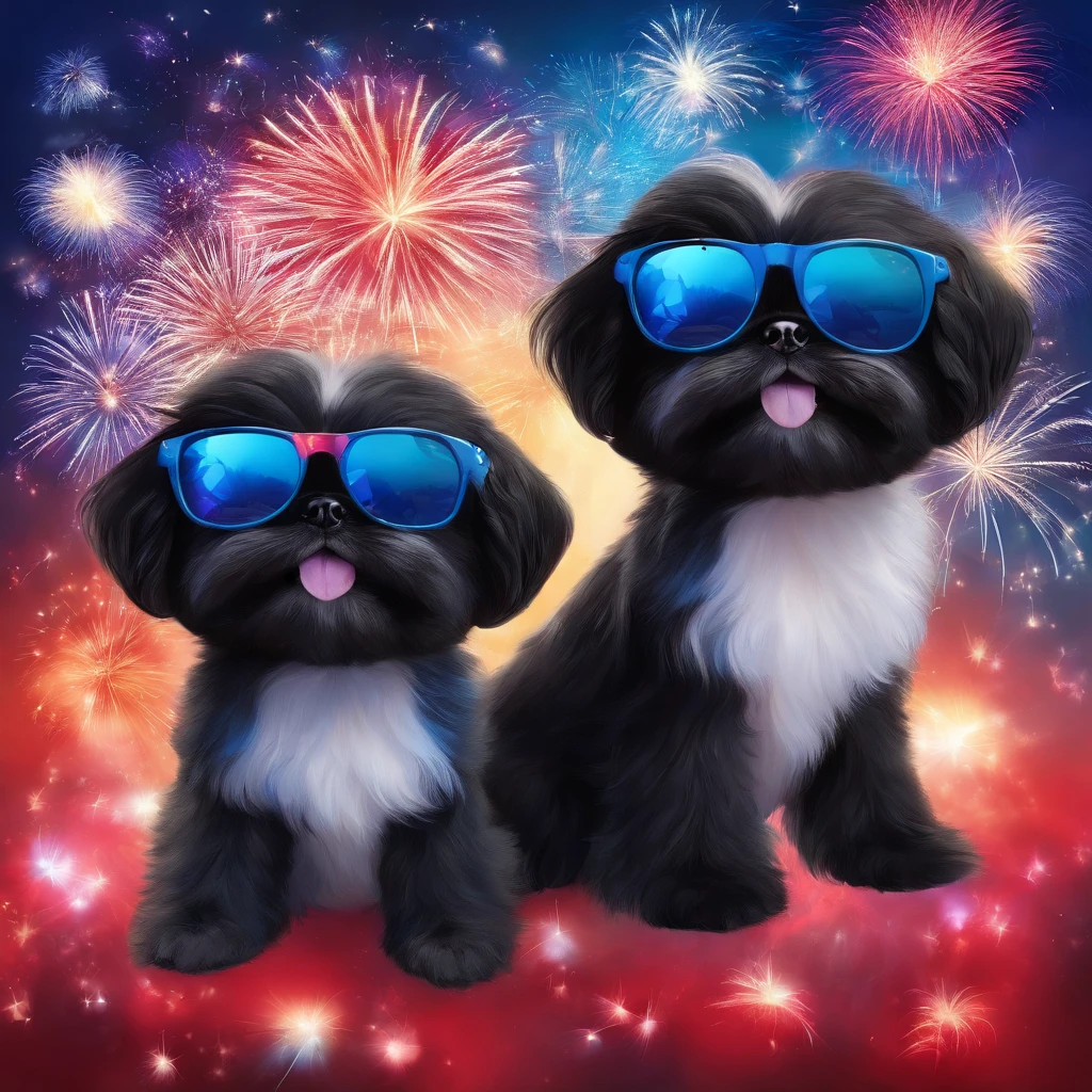 2 Adorable small black Shih Tzu puppies wearing blue sunglasses red white and blue fireworks background Pixar 3D cartoon