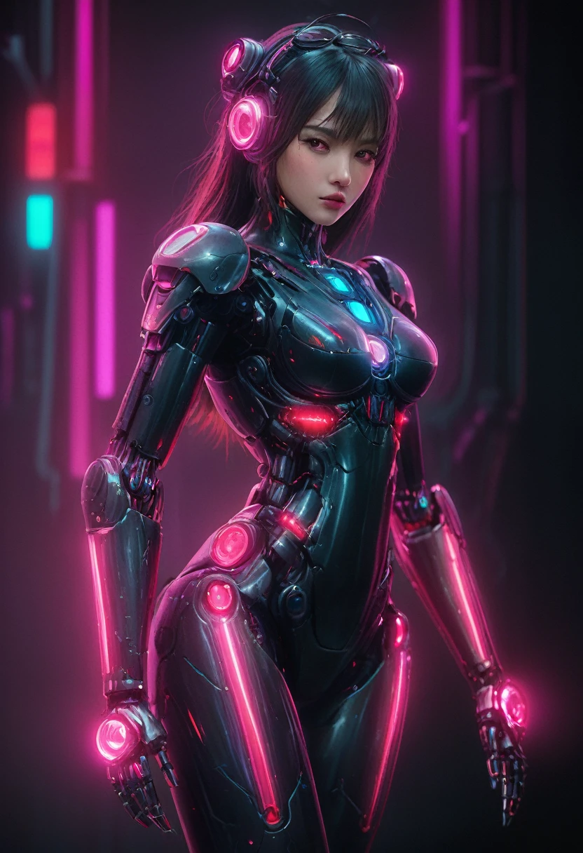 xxmixgirl. Highly detailed professional 35mm film, bokeh, face in sharp focus. A robotic female, Miku, with ((metal skin)), ((perfect Asian eyes)) with magenta irises and ((black pupils)), beautiful serious (detailed face), 18 year old ((photorealistic face)), very long magenta twin tails of magenta hair, twin black hair ties with a single red stripe. She may have a black audio headpiece. We can see her ((full body)) down to her boot soles. Her outfit is a sleeveless collared light grey shirt, outlined in red around the frilled collar and hems. Shiny reflective ((metallic breast cups, dimpleless)), invisible nipples. She wears black sleeves with red hems that start around her upper arm and bellow out as the sleeves open and extend to her wrists, with wide trumpet red rimmed cuffs. She has perfect robotic (detailed hands). She wears a red colored tie with two horizontal solid parallel black lines halfway across. She wears a fabric black skirt with a horizontal red hem at the bottom all the way around; her (((black skirt wraps around her))) and ((her skirt completely covers)) her robotic waist and thighs. Tall black boots with red bottom soles, a red rim around the top at her thighs. Her mechanical shoulder joints are visible. We can see her robotic legs and robotic neck. Half of her is covered with shiny polished machinery. The background is a distant dark neon futuristic Japanese city, gold, cyan, violet neon, near harbor or mountains.