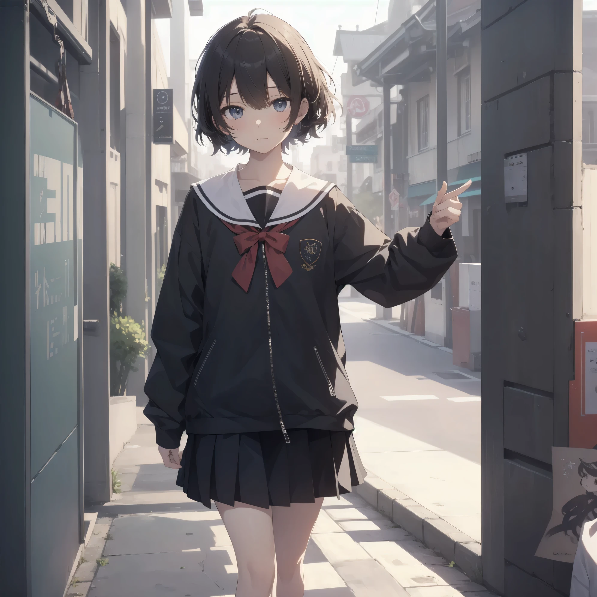 ultra-absurdres-Top quality by artist God, ultra-detailed, high resolution, anime moe artstyle, best anime 8k konachan wallpaper, pixiv contest winner, pool:2810, perfect anatomy,break, 1girl, (Please draw a girl walking sleepily to school alone. )break,(Solo,little female, 13-year-old:1.3),Full limbs, complete fingers,a junior high school student, (very short hair), short cut, flat chest, , small butt, small black eyes, beautiful detailed eyes, well-proportioned iris and pupils, expressive eyes, highres detailed hair, soft expression, salor school_uniform, sailor collar, serahuku, bow, pleated skirt,(Detailed Lighting), (Detailed background), in the School commute route. break,super detailed skin, Best cinematic lighting powered by famous artist, 8k,beauty illustration,photoshop_(medium),very aesthetic,break,((artist:kitsunerider )), artist:clamp ,artist:carnelian ,artist:kantoku ,