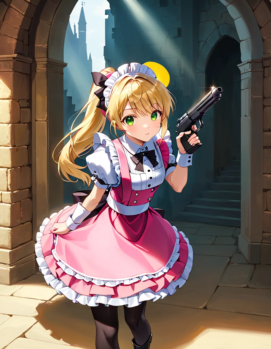 (best quality,4k,8k,highres,masterpiece:1.2),ultra-detailed, (1girl) A cute teenage gunslinger maid with green eyes, drawn in anime style, spiky light blonde hair in a long ponytail, victorian fashion, wearing a cute white maid dress with puffy sleeves, corset, tactical gear, light armour, petticoat, bloomers, black pantyhose, black tights, a frilly headband, a frilly pink apron, high-heel boots, ribbons, (lora:perfect hands:1, complete fingers, wielding a gun with one hand, Beretta 92FS), steampunk style, guarding a castle hallway, extremely detailed eyes and face,longeyelashes,volumetric lighting,cinematic lighting,protective posture,dramatic close up,highly detailed texture,intricate details.