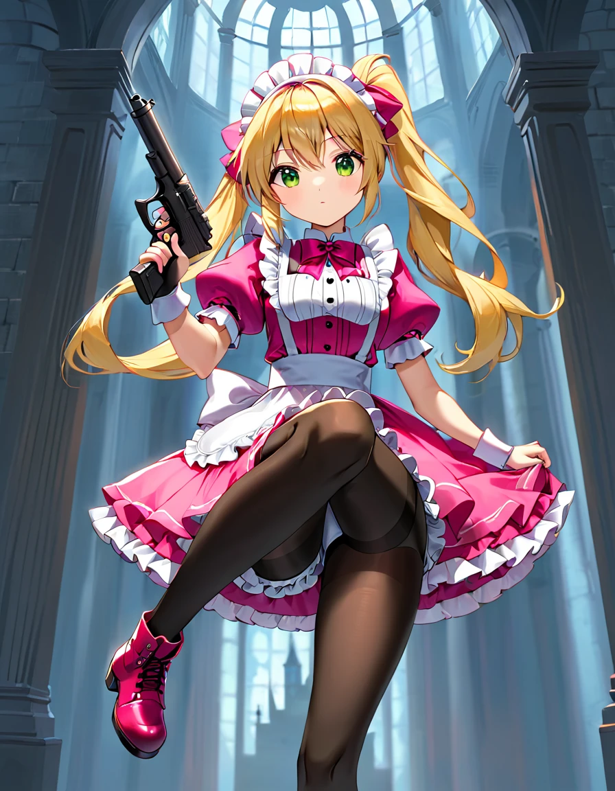 (best quality,4k,8k,highres,masterpiece:1.2),ultra-detailed, (1girl) A cute teenage gunslinger maid with green eyes, drawn in anime style, spiky light blonde hair in a long ponytail, victorian fashion, wearing a cute white maid dress with puffy sleeves, corset, tactical gear, light armour, petticoat, bloomers, black pantyhose, black tights, a frilly headband, a frilly pink apron, high-heel boots, ribbons, (lora:perfect hands:1, complete fingers, wielding a gun with one hand, Beretta 92FS), steampunk style, guarding a castle hallway, extremely detailed eyes and face,longeyelashes,volumetric lighting,cinematic lighting,protective posture,dramatic close up,highly detailed texture,intricate details.