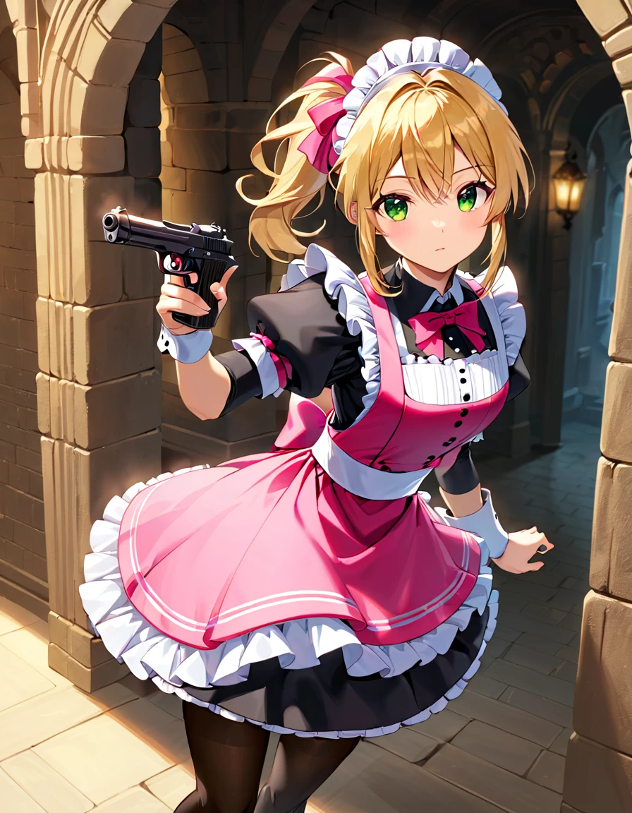 (best quality,4k,8k,highres,masterpiece:1.2),ultra-detailed, (1girl) A cute teenage gunslinger maid with green eyes, drawn in anime style, spiky light blonde hair in a long ponytail, victorian fashion, wearing a cute white maid dress with puffy sleeves, corset, tactical gear, light armour, petticoat, bloomers, black pantyhose, black tights, a frilly headband, a frilly pink apron, high-heel boots, ribbons, (lora:perfect hands:1, complete fingers, wielding a gun with one hand, Beretta 92FS), steampunk style, guarding a castle hallway, extremely detailed eyes and face,longeyelashes,volumetric lighting,cinematic lighting,protective posture,dramatic close up,highly detailed texture,intricate details.