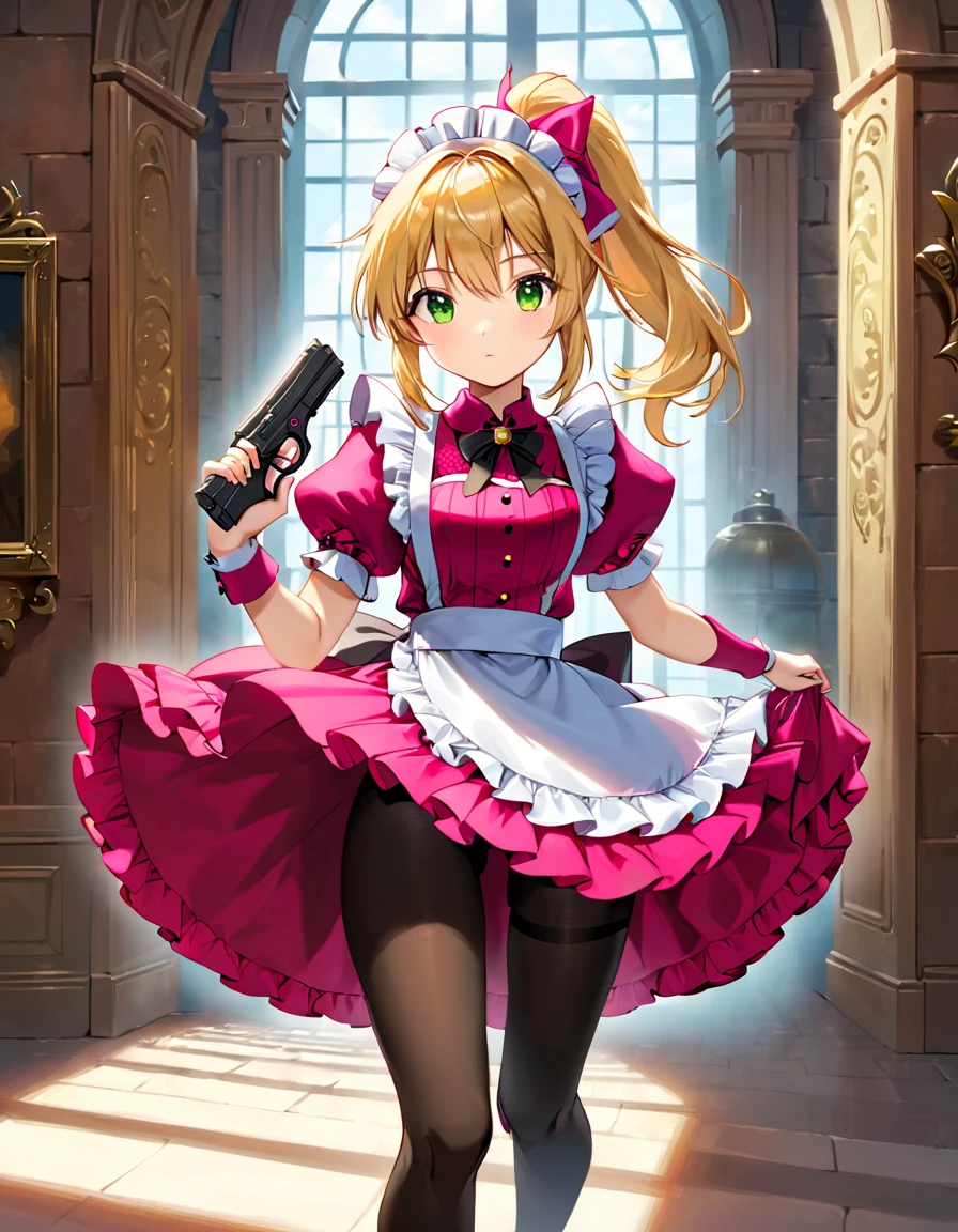 (best quality,4k,8k,highres,masterpiece:1.2),ultra-detailed, (1girl) A cute teenage gunslinger maid with green eyes, drawn in anime style, spiky light blonde hair in a long ponytail, victorian fashion, wearing a cute white maid dress with puffy sleeves, corset, tactical gear, light armour, petticoat, bloomers, black pantyhose, black tights, a frilly headband, a frilly pink apron, high-heel boots, ribbons, (lora:perfect hands:1, complete fingers, wielding a gun with one hand, Beretta 92FS), steampunk style, guarding a castle hallway, extremely detailed eyes and face,longeyelashes,volumetric lighting,cinematic lighting,protective posture,dramatic close up,highly detailed texture,intricate details.