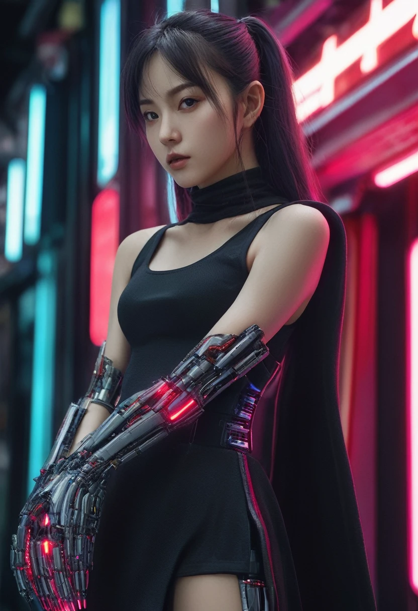 xxmixgirl. Highly detailed professional 35mm film, bokeh, face in sharp focus. A robotic female, Miku, with ((metal skin)), ((perfect Asian eyes)) with magenta irises and ((black pupils)), beautiful serious (detailed face), 18 year old ((photorealistic face)), very long magenta twin tails of magenta hair, twin black hair ties with a single red stripe. She may have a black audio headpiece. We can see her ((full body)) down to her boot soles. Her outfit is a sleeveless collared light grey shirt, outlined in red around the frilled collar and hems. Shiny reflective ((metallic breast cups, dimpleless)), invisible nipples. She wears black sleeves with red hems that start around her upper arm and bellow out as the sleeves open and extend to her wrists, with wide trumpet red rimmed cuffs. She has perfect robotic (detailed hands). She wears a red colored tie with two horizontal solid parallel black lines halfway across. She wears a fabric black skirt with a horizontal red hem at the bottom all the way around; her (((black skirt wraps around her))) and ((her skirt completely covers)) her robotic waist and thighs. Tall black boots with red bottom soles, a red rim around the top at her thighs. Her mechanical shoulder joints are visible. We can see her robotic legs and robotic neck. Half of her is covered with shiny polished machinery. The background is a distant dark neon futuristic Japanese city, gold, cyan, violet neon, near harbor or mountains.