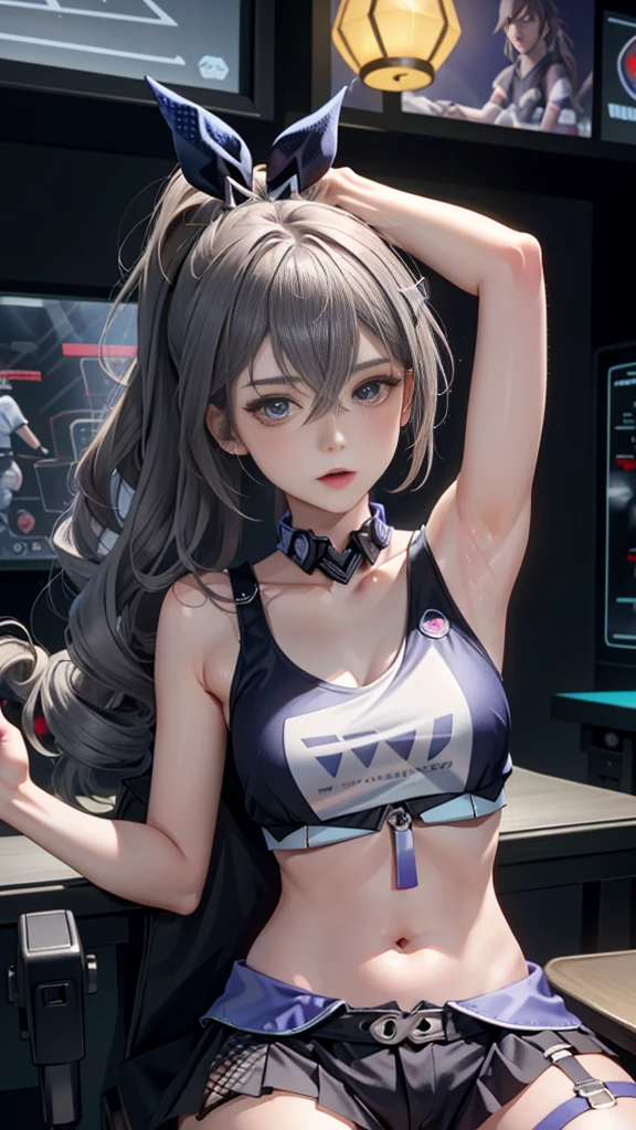 Silver Wolf, Masterpiece, Best quality, Ultra detailed, Extremely detailed 16k CG wallpaper, Beautiful face, (Silver Wolf in Esports Room), (Perfect Beautiful Curved Figure), Seated, Rainbow Color Jewel Eyes, Wearing Resin Hologram Sports Bra, Crop Top Drape, Mini pleated skirt, Bell collar, logo, impotence, Contour light, Concert, neon lights sign, Audio, Bell collar, Esports Headset, Computer, Esports Room, armpits, Play games, White interior through red skin, holographic projections, Flat sphere, Graffiti logo, highly detailed tattoo_,